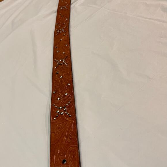 Fossil Belt Size S Brown Genuine  Leather Tooled Studded Western Boho Buckle - Picture 14 of 15